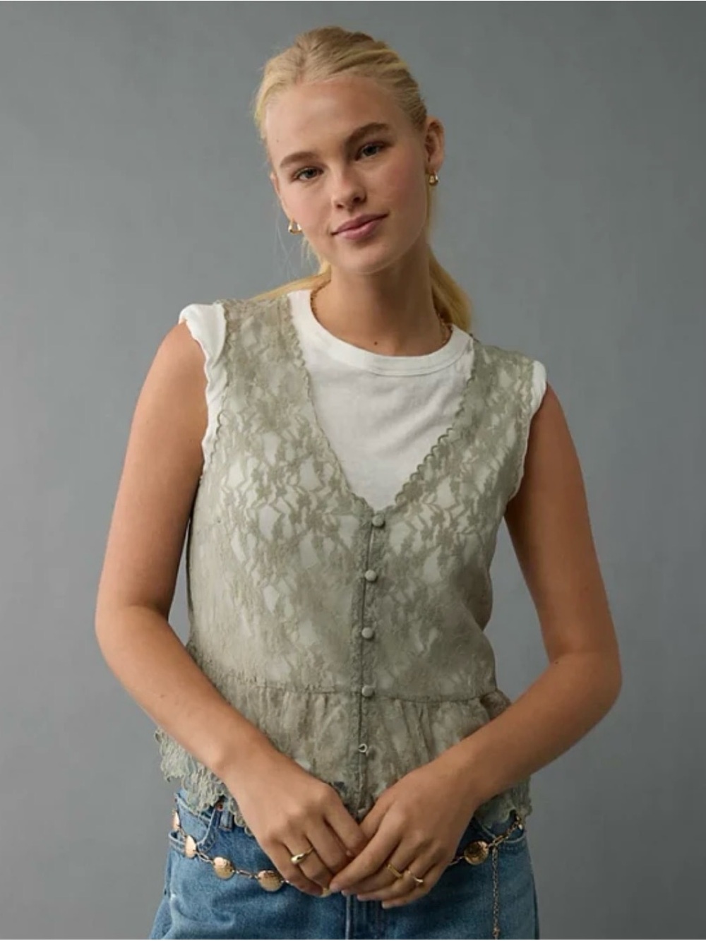 American Eagle Outfitters Lace Button-Front Vest in Sage Green